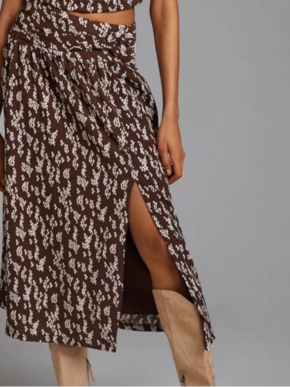 Anthropologie Twist-Front floral Brown Printed Midi Wrap Skirt with Side Slit